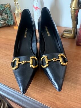 Jeffrey Campbell Black Pointed Toe Heeled Loafers with Gold Bit